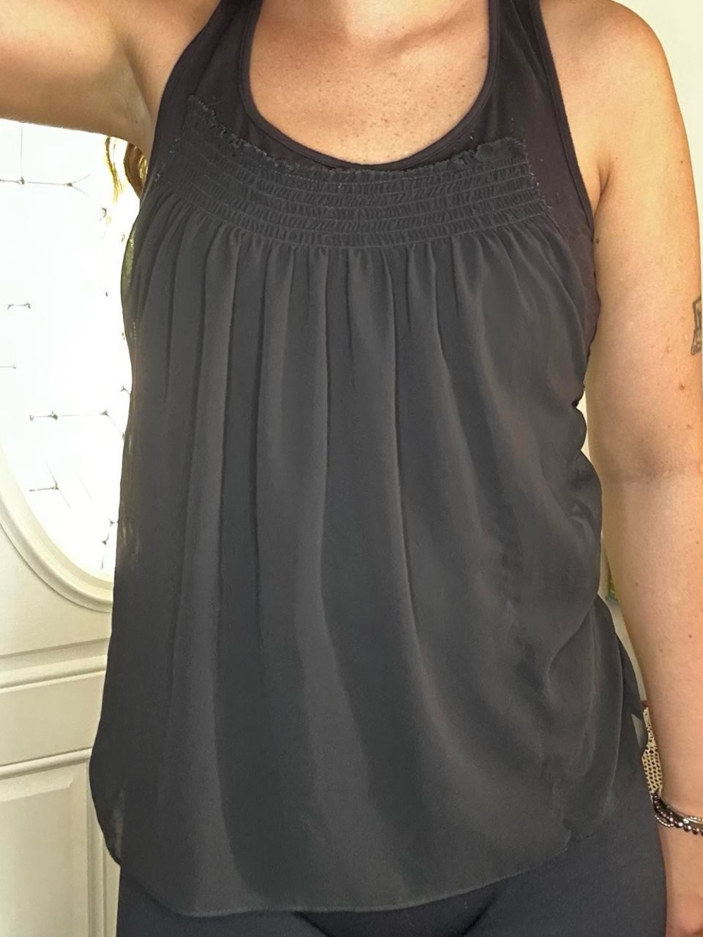 New York & Company Black Smocked Yoke Tank Top